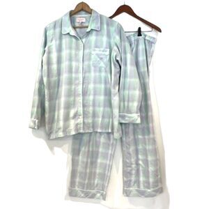 Victoria's Secret Pajama Set Plaid XL 2 Piece Blue Green Cotton Metallic Silver